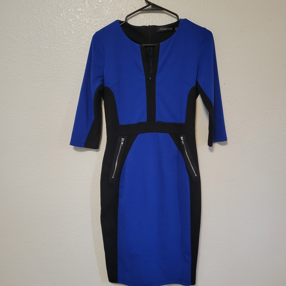 Blue & Black Ponte Sheath Dress with Zip Details
